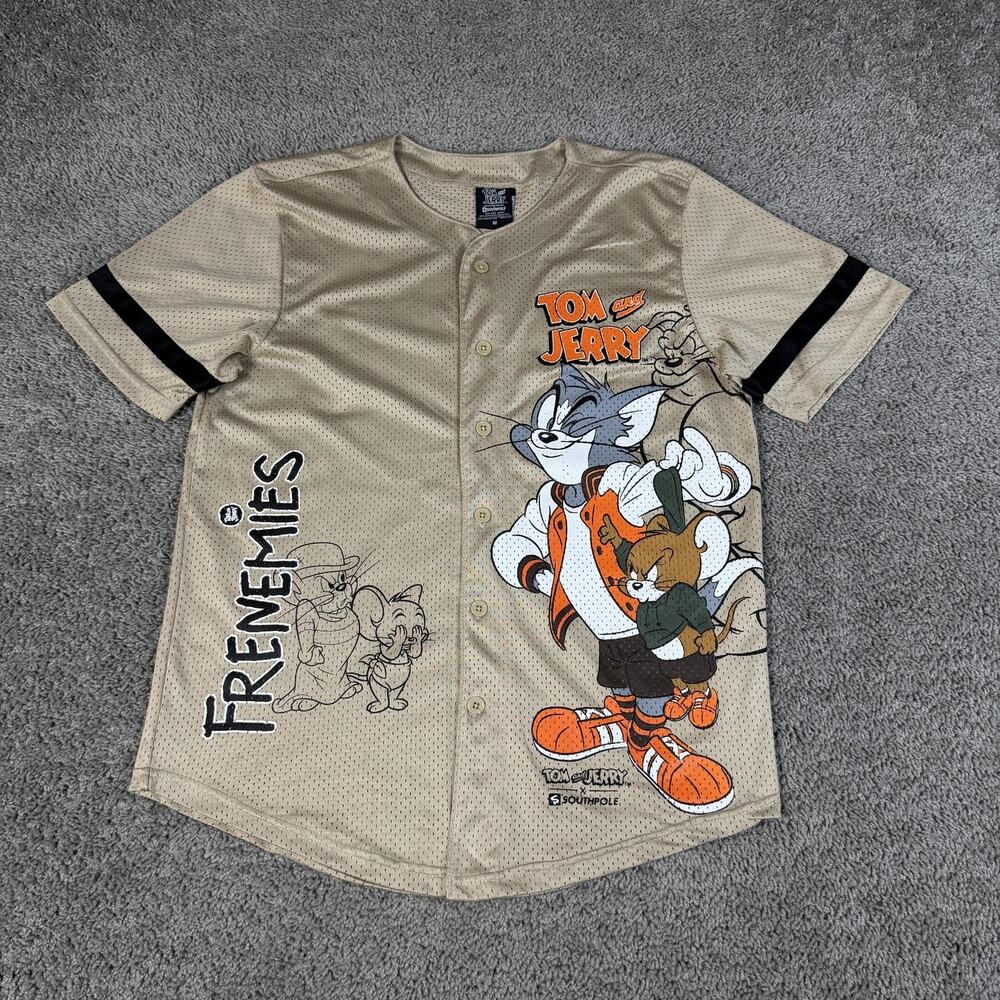Southpole Tom & Jerry Baseball Jersey Mens M Beige Short Sleeve Button Up Mesh
